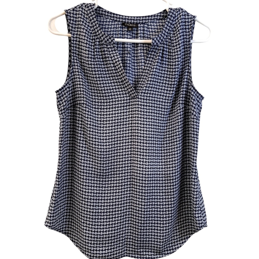 Talbots Top V Neck Sleeveless Tank Top Black with Paisley Print White Blue WM XS